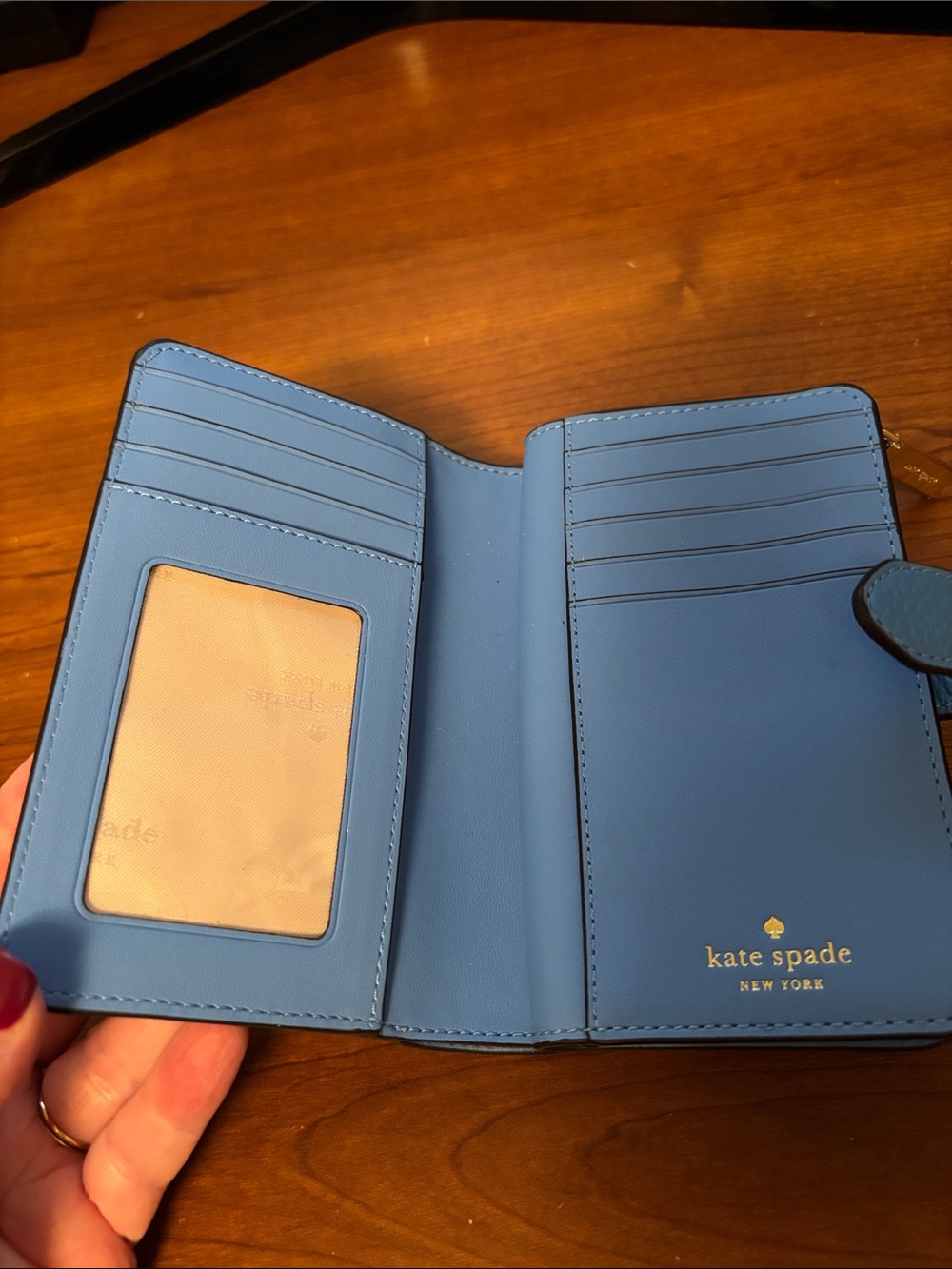 kate spade blue pebbled leather zip-around wallet with gold logo - Picture 3 of 7